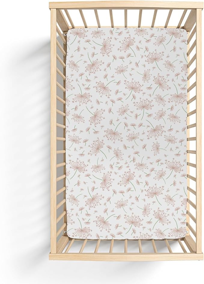 Pink Dandelions Flower Baby Crib Sheets for Boy Girl 52x28Inch Nature Neutral Floral Soft Stretchy Fitted Crib Mattress Cover Spring Summer Baby Sheet for Crib and Toddler Bed Mattresses