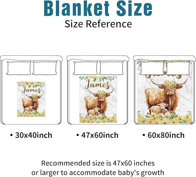 Custom Name Crib Bedding Set 3-Piece – Yellow Flower Highland Cow Design Baby Bedding Set with Personalized Soft Blanket, Fitted Sheet, Changing Pad Cover – Ideal Newborn Gift for Boys and Girls