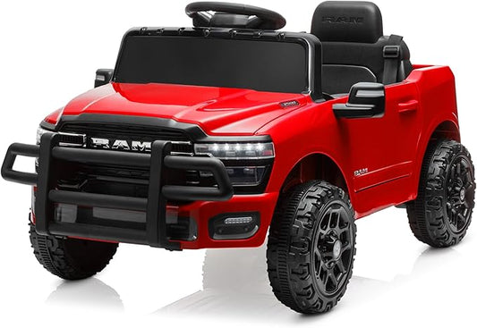 Kidzone 12V Licensed RAM 3500 Ride-On Truck for Kids, Battery Powered Electric Car w/Parent Remote Control & Manual Drive, Bluetooth, LED Lights - Red