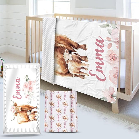 Custom Name Crib Bedding Set 3-Piece – Pink Highland Cow Design Baby Bedding Set with Personalized Soft Blanket, Fitted Sheet, Changing Pad Cover – Ideal Newborn Gift for Boys and Girls