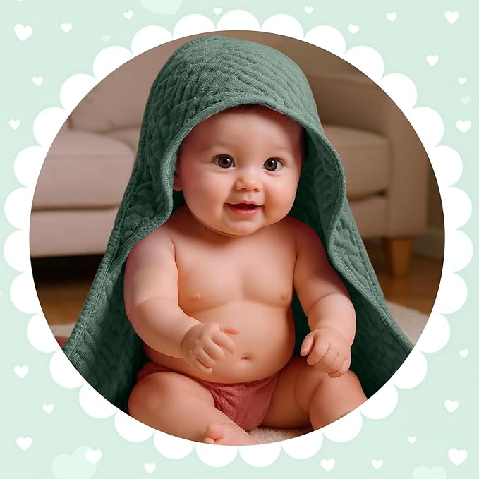Peryiter 4 Pcs Muslin Hooded Baby Towels, 32x 32'' Cotton Newborn Bath Towel Muslin Infant Baby Blankets Absorbent Unisex Christmas Registry Gift Essentials for Girls Boys (Green Series)