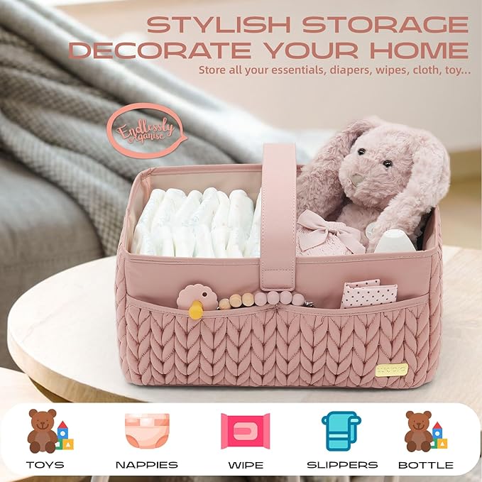 LUKJOJO Luxurious Baby Diaper Caddy, Nursery Storage Basket for Newborn Boy and Girl, Travel Baby Basket for Diapers Baby Wipes, Organizer Tote Bag Storage Bin, Baby Shower Gifts(dusty rose)