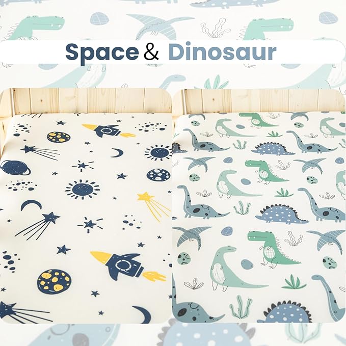SDIII 2 Pack Space and Dinosaur Crib Sheets for Boys 52×28 Stretchy Microfiber Jersey Knit Fall Crib Sheets Boy for Standard Crib and Toddler Mattress