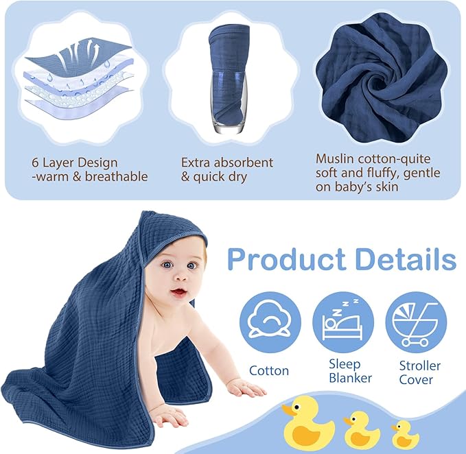 Peryiter 6 Pcs Muslin Hooded Baby Towels, 32x 32'' Cotton Newborn Bath Towel Muslin Infant Baby Blankets Absorbent Unisex Christmas Registry Gift Essentials for Girls Boys (Gray Series)