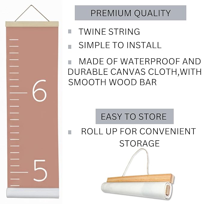 Morxy Canvas Growth Chart for Kids - Unisex Kids Room Wall Decor - Measuring Height Chart- Wall Tape with Height Chart for Kids (Canvas, Plain Rose Pink)