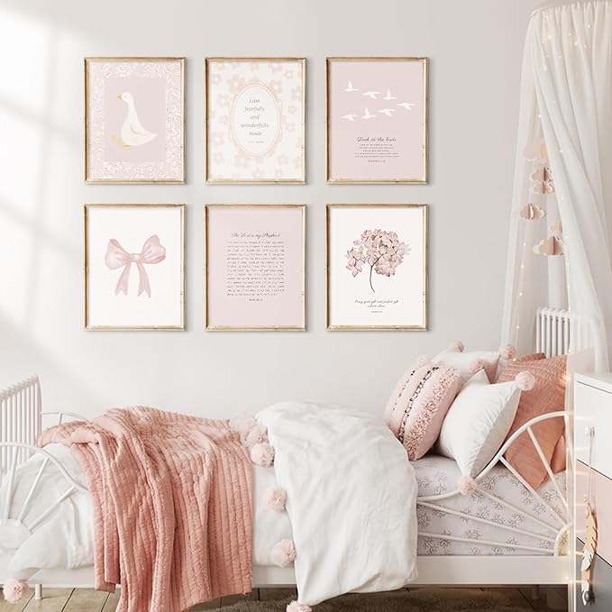 Lhoiplme Nursery Christian Wall Art Bible Verse Prints Pink Girl Nursery Room Canvas Wall Decor Coquette Bow Poster Jesus Boho Scripture Picture Vintage Floral Artwork for Bedroom 8x10x6 Inch Unframed