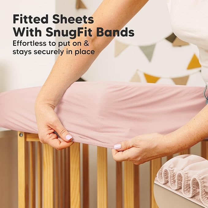 2-Pack Waterproof Crib Mattress Protector Cover Fitted - Quiet Baby Crib Mattress Pad Sheets, 52" x 28" Soft Quilted Cotton Baby Sheet, Machine Washable, Easy Fit, Durable (Mist Rose/Mavy)