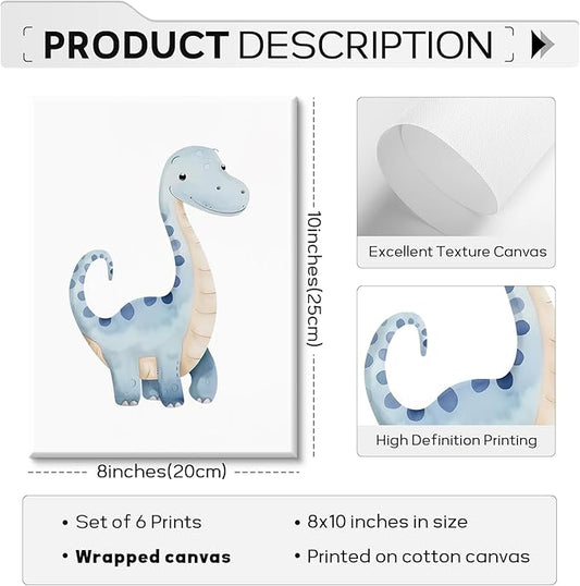 Dinosaur Nursery Wall Art Kids Canvas Poster Baby Boy Nursery Wall Decor Watercolor Dino Prints Toddler Pictures Cute Dinosaur Themed Artwork Painting for Boys Room Bedroom 8x10x6 Inch Ready to Hang