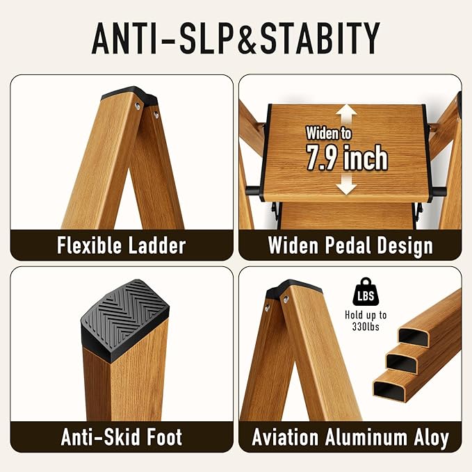 Mayi Plus 3 Step Ladder,Aluminum Folding Step Stool for Adults,Step Ladder with Wide Anti-Slip Pedal,330 lbs Capacity for Home,Office,Kitchen,Library(Woodgrain
