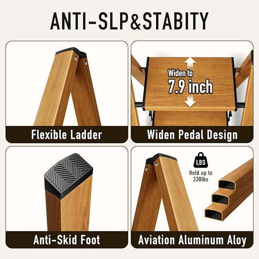 Mayi Plus 3 Step Ladder,Aluminum Folding Step Stool for Adults,Step Ladder with Wide Anti-Slip Pedal,330 lbs Capacity for Home,Office,Kitchen,Library(Woodgrain