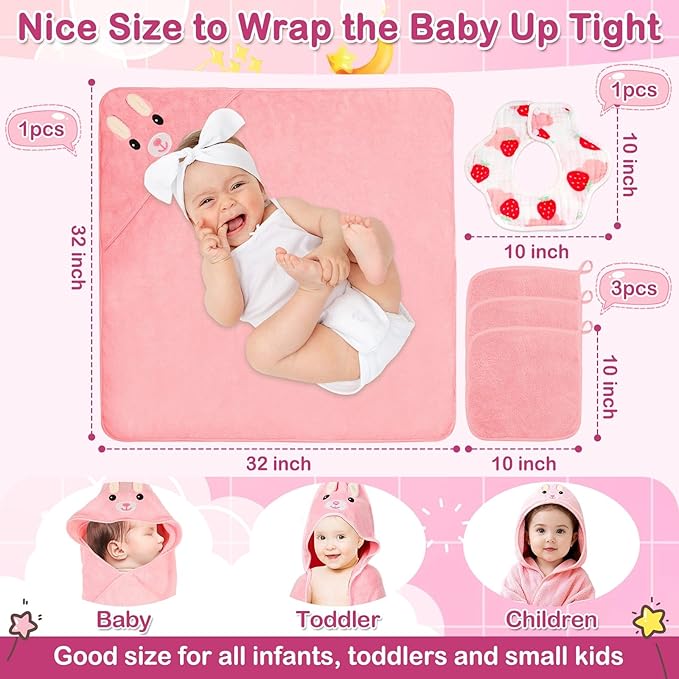 5 Pcs Baby Towels Set, 32x32 in Hooded Bath Towel, 3 Pcs Baby Washcloths and Muslin Baby Bibs for Newborns, Toddlers, and Kids, Baby Towels and Washcloths Set for Boys and Girls (Pink Rabbit)