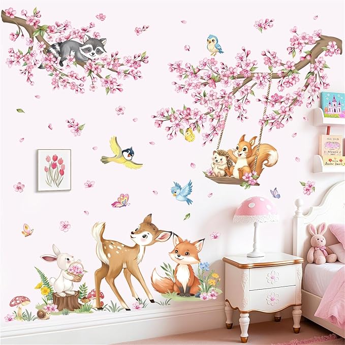 decalmile Woodland Animals Pink Flower Wall Stickers Cherry Blossom Branch Deer Fox Wall Decals Baby Nursery Kids Bedroom Living Room Home Decor