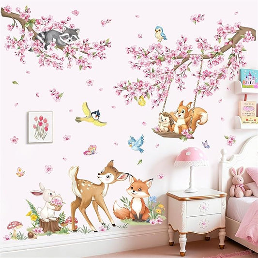 decalmile Woodland Animals Pink Flower Wall Stickers Cherry Blossom Branch Deer Fox Wall Decals Baby Nursery Kids Bedroom Living Room Home Decor