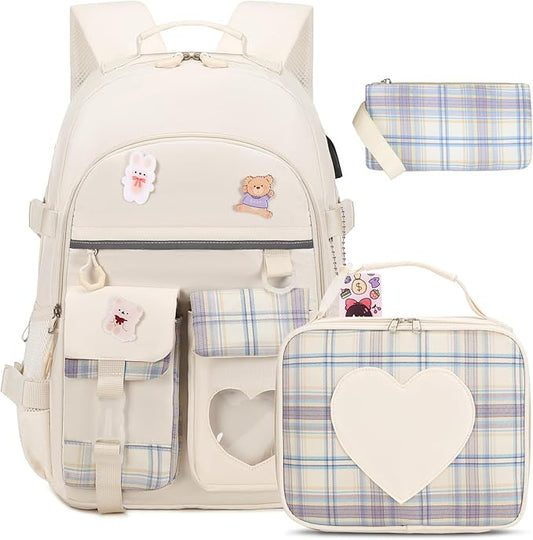 ACESAK Backpack for Girls - Bookbag Backpacks Schoolbag for Girls Kids Teen Women Casual Travel Daypacks - School Bag Elementary Middle School College Cute Backpack with Lunch Box (Beige)