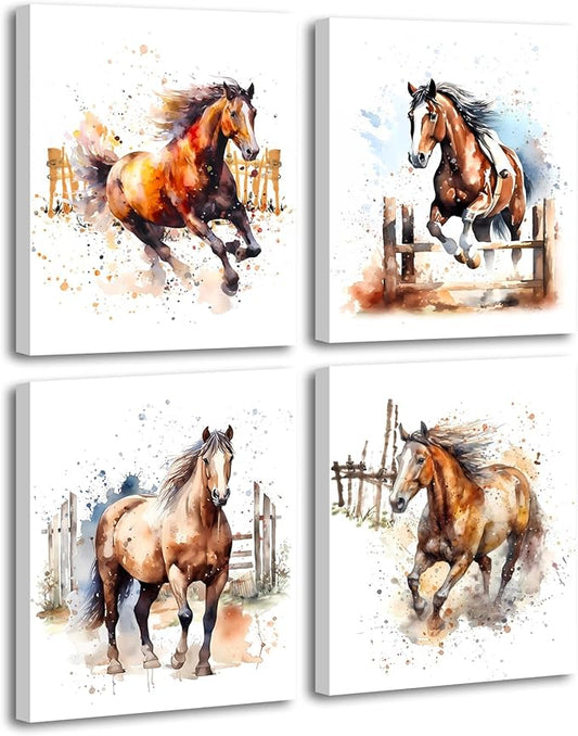 Framed Horse Canvas Wall Art,Horse Decor Wall Art Framed Canvas for Living Room,Farmhouse Horses Pictures Wall Decor Western Painting for Farmhouse Bedroom Living Room Set of 4(8"X10")