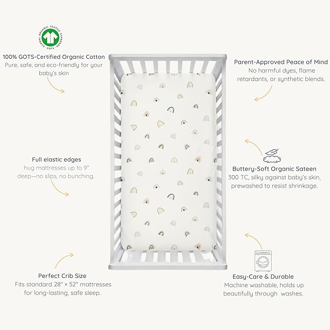 Makemake Organics GOTS Certified Organic Cotton Fitted Crib Sheet Soft Breathable (28"x52", Rainbow)