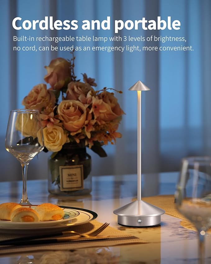 NEWSEE Modern Cordless Table Lamp Set of 2, Portable LED Desk Lamps, 5000mAh Rechargeable Battery Operated Lighting for Bedroom Dining Room Restaurant Coffee Shop Camping Night Light (Brushed Nickel)