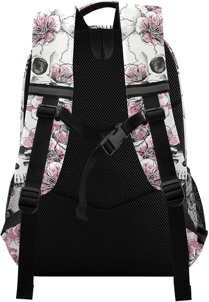 MNSRUU School Backpack with Chest Strap, Halloween Skull Flowers And Pink Cherries Laptop Backpack, Travel Hiking Backpack for Boys Girls, Rucksack, Knapsack