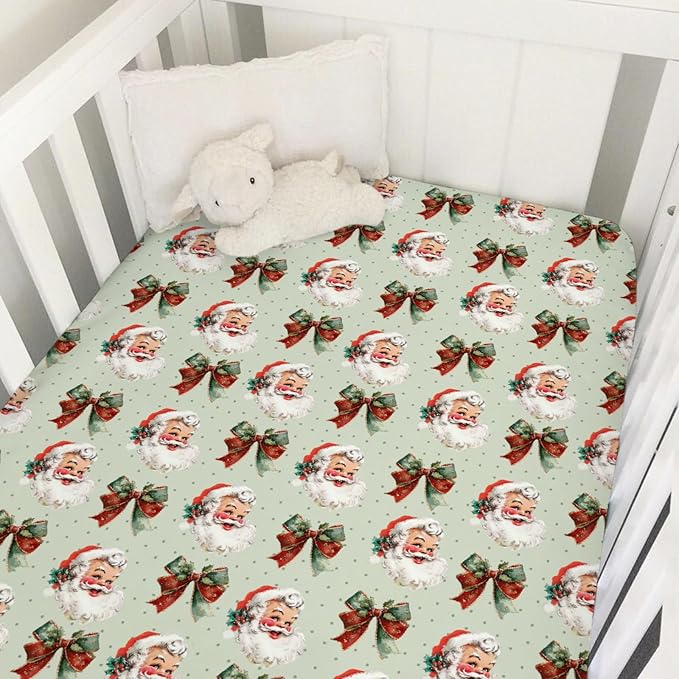 Vintage Merry Christmas Santa Bows Baby Crib Sheets for Boy Girl Retro Happy Santa Jolly Soft Snug Fitted Crib Mattress Covers Fit 52''x28'' Standard Crib & Toddler Mattress Winter Holiday Bed Sheets