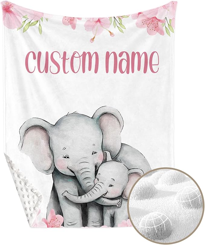 Personalized Crib Bedding Set for Boys Girls, Custom Baby Crib Sets with Name, Pink Flower Elephant Design Nursery Bedding 2 Piece - Soft Blanket with Double Layer Dotted Backing, Crib Fitted Sheet