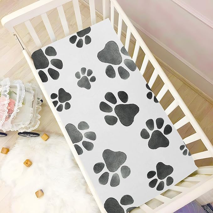 Grey Dog Paws Crib Sheets Soft Breathable Fitted Baby Crib Sheets Mattress Cover for Girl Boys, 52" x 28" x 9"