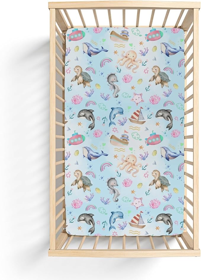 Colorful Ocean Animals Baby Crib Sheets for Boy Girl 52x28Inch Sea Horse Turtle Whale Rainbow Corals Soft Snug Fitted Crib Mattress Cover Marine Life Baby Sheet for Standard Crib & Toddler Mattress