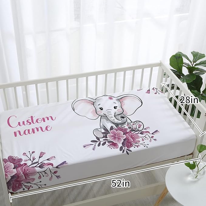 Custom Baby Crib Bedding Set, Personalized Name Floral Elephant Theme Crib Set 3 Pcs, Soft Double Layer Blanket, Crib Sheet & Room Rug, Ideal Nursery Decor Gift for Baby Girls Boys
