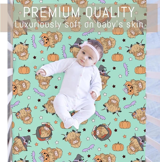 Highland Cow Halloween Baby Crib Sheets for Boy Girl Western Cowboy Fall Pumpkin Bats Soft Snug Fitted Crib Mattress Covers for 52''x28'' Standard Crib & Toddler Mattress Spooky Farm Animal Bed Sheet
