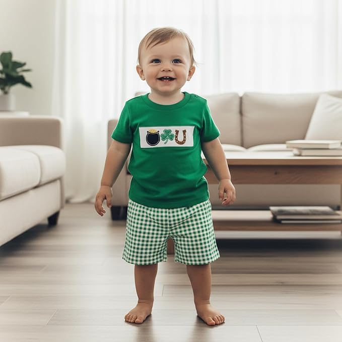 Baby Boy St Patricks Day Outfit Clover Embroidery Short Sleeve T-shirt Tops Shorts Set Toddler Spring Summer Clothes