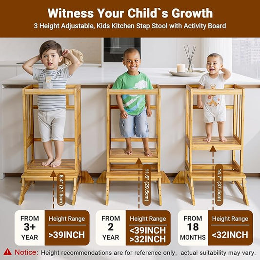 COSYLAND Toddler Step Stool Height Adjustable – Portable Kids Kitchen Stool Helper with Stabilizing Base Block – Toddler Standing Tower for Bathroom Kitchen Living Room Dining Room (Natural)