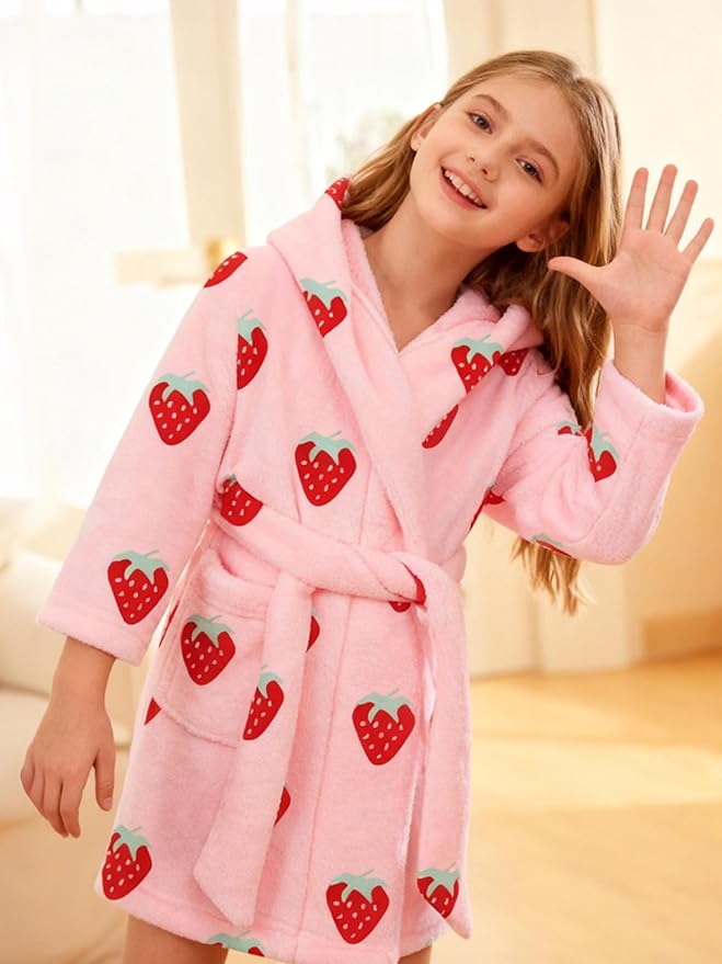 SANGTREE Boys Girls Robe Fleece Hooded Soft Toddler Bathrobe Cute Boys Bathrobe Fuzzy Plush Robes for Kids, 2-12 Years