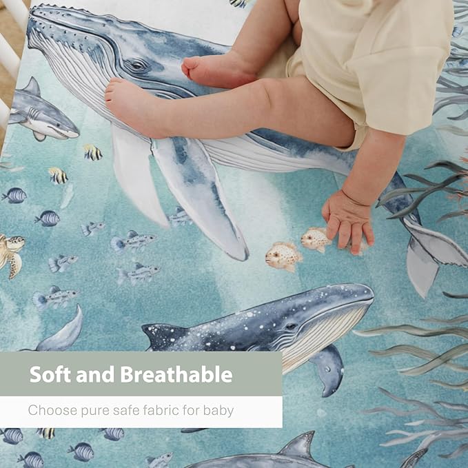 Under The Sea Baby Crib Sheets Boy Girl 52"x28" Boho Whale Shark Turtle Fishes Coral Seaweed Soft Snug Fitted Crib Mattress Cover Ocean Marine Coastal Baby Sheet for Standard Crib & Toddler Mattress