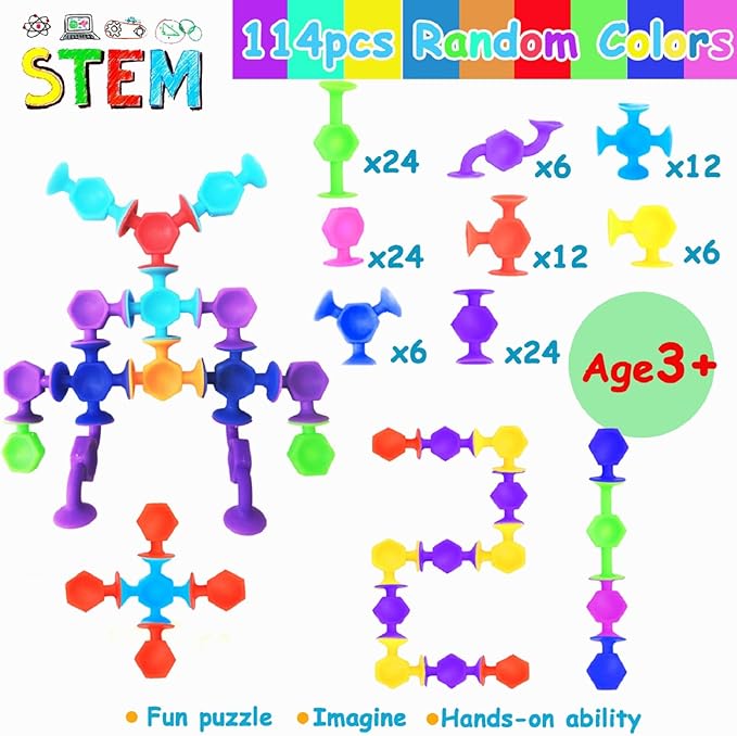 114pcs Suction Cup Bath Toys for Kids Toddlers Family Game - Preschool Learning Sensory Montessori Classroom Stocking Stuffers for Ages 3-8 Bathtub Window Toys for Autism