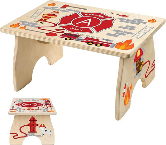 Firefighter Step Stool for Toddlers- Personalized Wood Kids Step Stool with Name for Kitchen Sink, Bathroom, Potty Training, Toilet, Kitchen Sink- Sturdy and Safe Made in USA by BloomOwl (Firefighter)