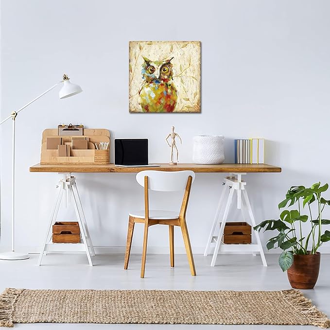 Funny Animal Owl Oil Paintings Canvas Wall Art for Kid's Room Decoration Wall Decor Ready to Hang 24x24 inch