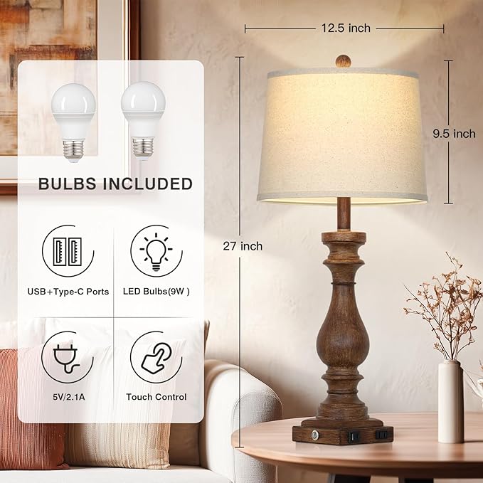 Cinkeda 29" Tall Farmhouse Table Lamp for Living Room Set of 2,Vintage Retro Nightstand Lamps with USB C+A Ports & AC Outlet,3-Way Dimmable Touch Bedside Lamp for Bedroom Side Table,Brown