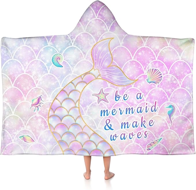 Thickened Hooded Towels for Kids Suitable Girls Boys Kids Bath Towels, 30"x50" Super Absorbent, Mermaid Tail Cute Cartoon Toddler Towels Multi-Purpose for Beach, Pool and Bathroom