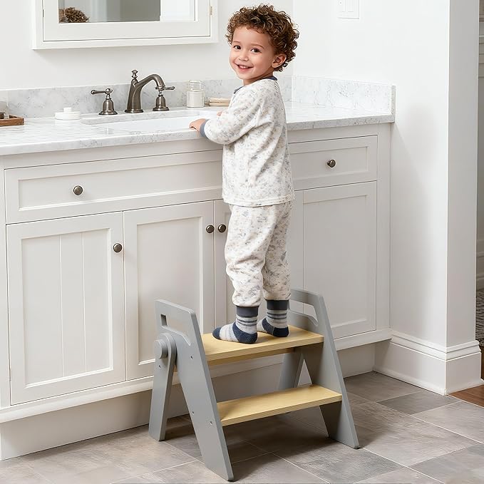 HOMEKOL Toddler Kids Step Stool: Wooden 2 Step Stool for Bathroom Sink, Foldable, Grey