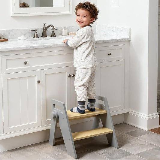 HOMEKOL Toddler Kids Step Stool: Wooden 2 Step Stool for Bathroom Sink, Foldable, Grey