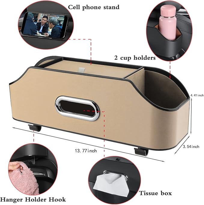 HALOYIVGO Car Seat Back Organizer - Stylish & Functional Storage for Family Adventures - Cup Holders, Tissue Box & Hooks - Perfect for Kids, Road Trips & Travel (Beige)