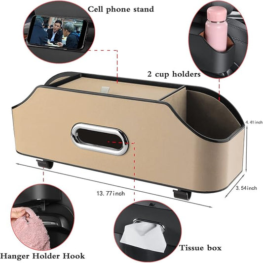 HALOYIVGO Car Seat Back Organizer - Stylish & Functional Storage for Family Adventures - Cup Holders, Tissue Box & Hooks - Perfect for Kids, Road Trips & Travel (Beige)