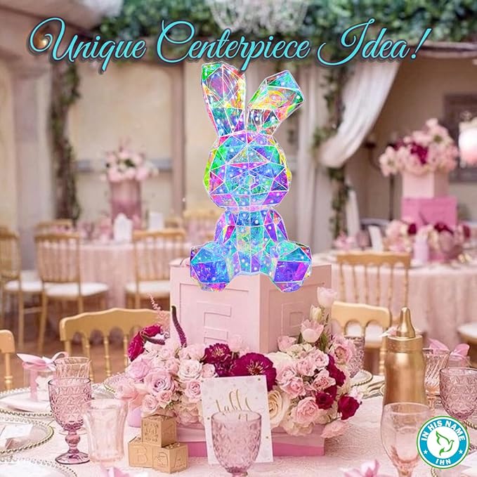 In His Name LED Bunny Night Light Holographic Rainbow Easter Rabbit Lamp Bedside Bunny Light Kids Decoration Boys and Girls Night Light Nursery Lovers Spring Summer Decor Gift