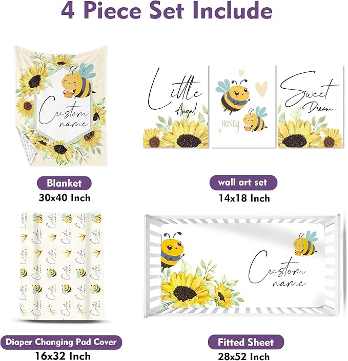 Personalized Baby Crib Bedding Set: 4 Piece Custom Gift Crib Bed Set with Name - Yellow Bee Design, Nursery Bedding Set for Baby Girls,Newborn Girls Crib Sets, Crib Bedding Shower Gifts