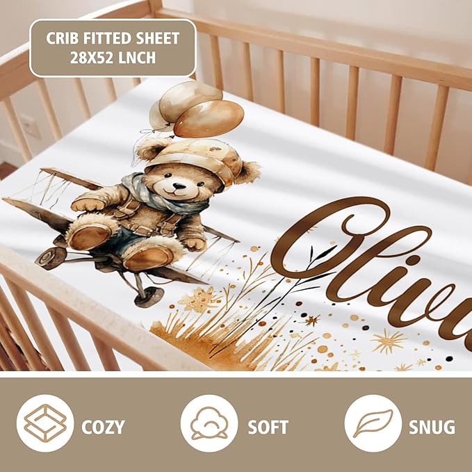 Personalized Baby Crib Bedding Set, Custom Name Balloon Bear Baby Bedding 2-Pcs Set - Soft Double Layer Dotted Blanket and Fitted Sheet, Nursery Bedding for Newborn Boys Girls, Perfect Shower Gift