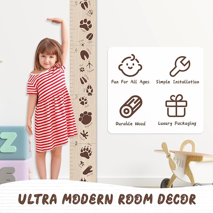 Woodemon Personalized Growth Chart for Wall, Animal Footprints Height Chart for Kids, Customize Growth Measuring Board for Girls Boys Teen Room Nursery Wall Decor