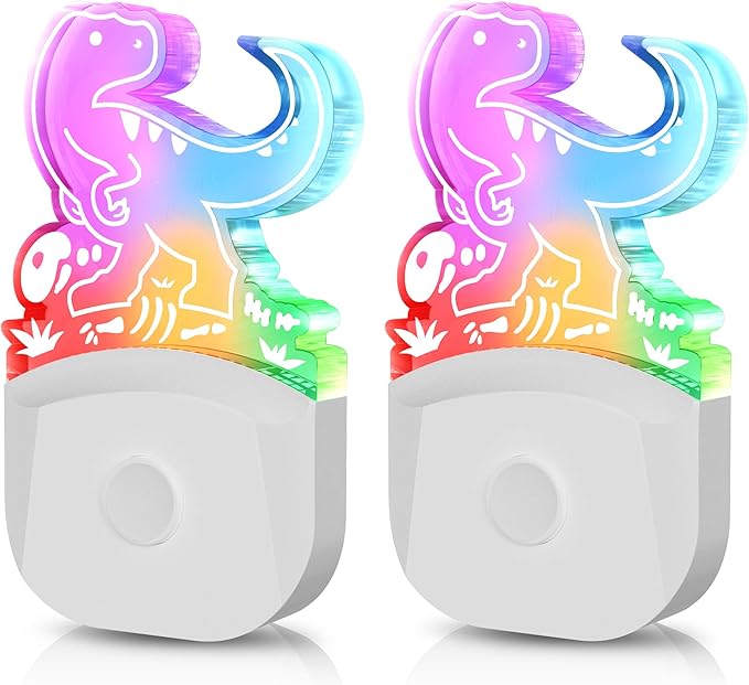 DORESshop Dinosaur Night Light for Kids [2 Pack], 8 Color Changing Plug in Night Lights for Baby with Dusk to Dawn Sensor, Nightlight for Bathroom Decor, Children Room, Dinosaur Toys Gifts