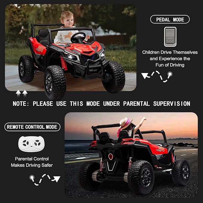 MOLACHI 2 Adjustable Seater Kids Ride on Car Truck, 24V Children Electric Cars, 4WD Soft Start Kid Remote Control Vehicle with EVA Wheels, 3 Speeds,4 Shock Absorbers, Bluetooth, Music & Horn -RED