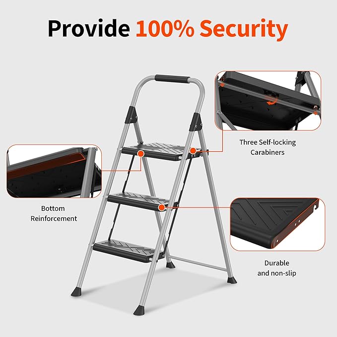 DIAMONDFORGE 3 Step Ladder, Folding Step Stool with Anti-Slip Wide Pedal, Soft Handle, Anti-Slip Feet, Sturdiest Steel Construction, 900lbs Capacity Steel Ladder for Home and Office, Grey