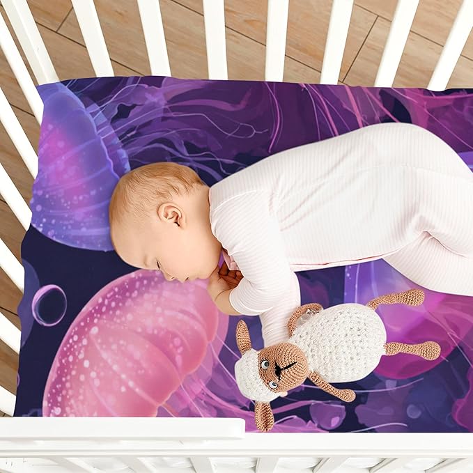 Jellyfishes and Bubbles Pink Crib Sheets Standard Crib Toddler Mattresses Cover Fitted Baby Bed Sheet Breathable Crib Mattress Sheet for Girls Boys 39''x27''x9''