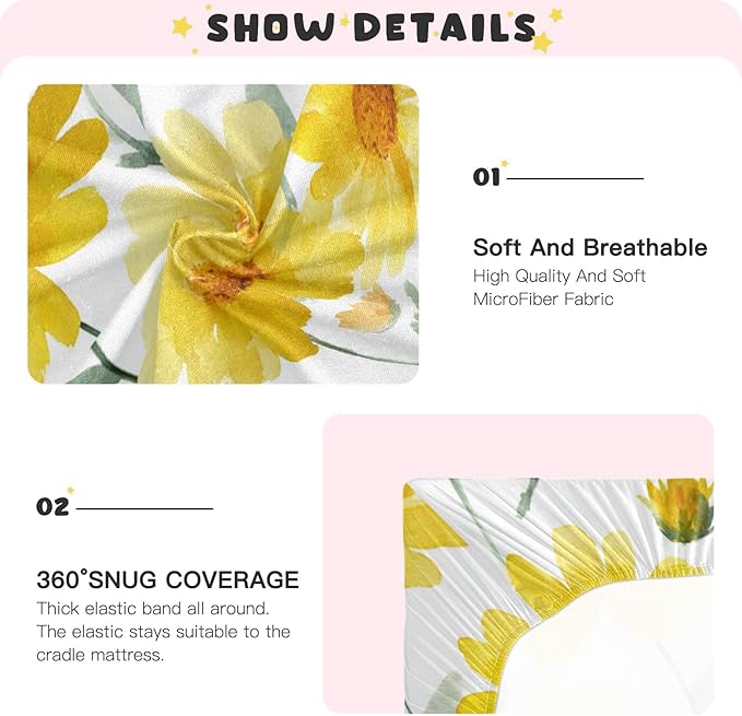 Summer Daisy Yellow Crib Sheets Standard Crib Toddler Mattresses Cover Fitted Baby Bed Sheet Breathable Crib Mattress Sheet for Girls Boys 52" x 28"x5''